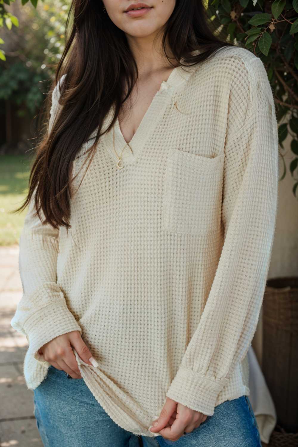 deep v neck long sleeve knitted sweater