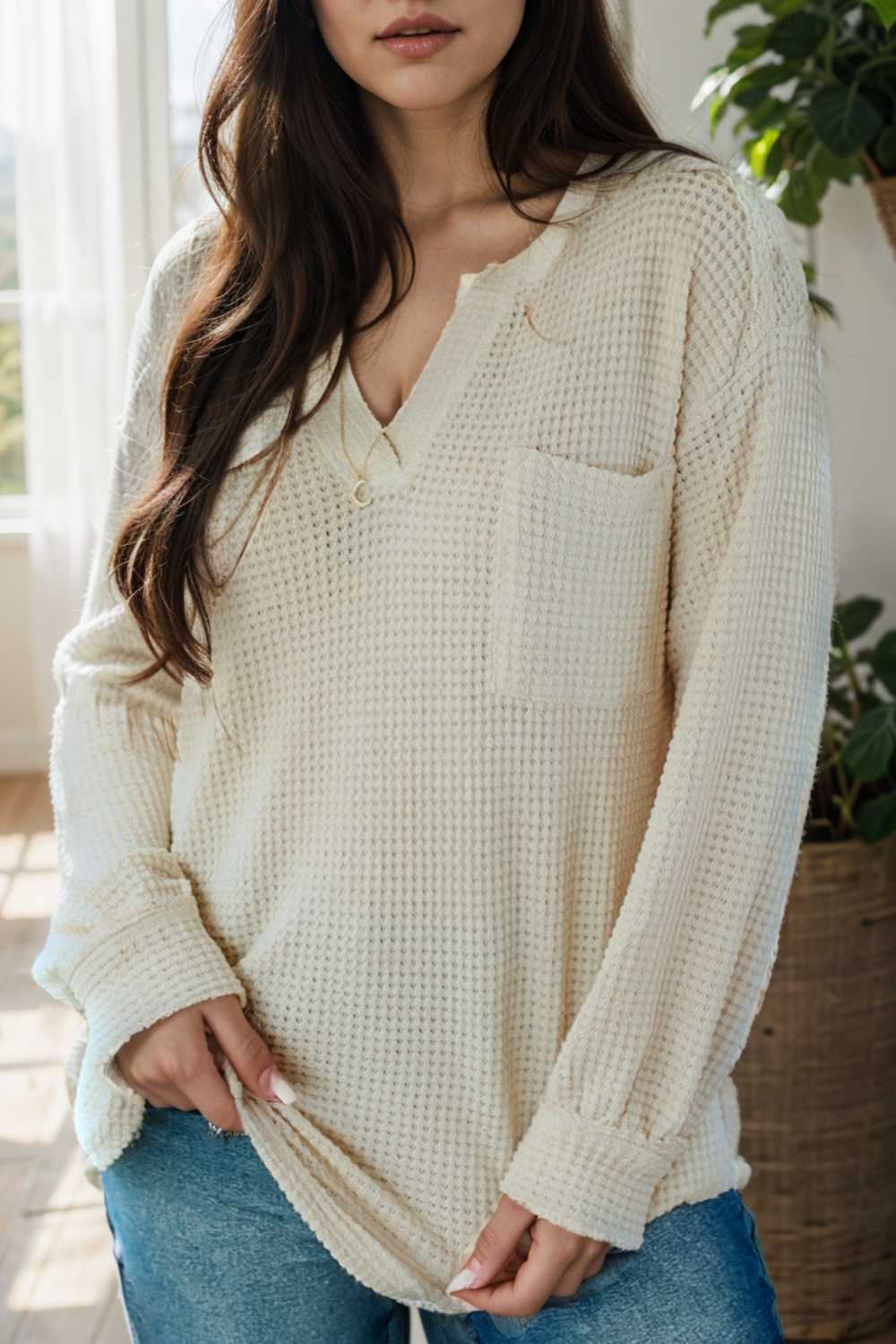 deep v neck long sleeve knitted sweater