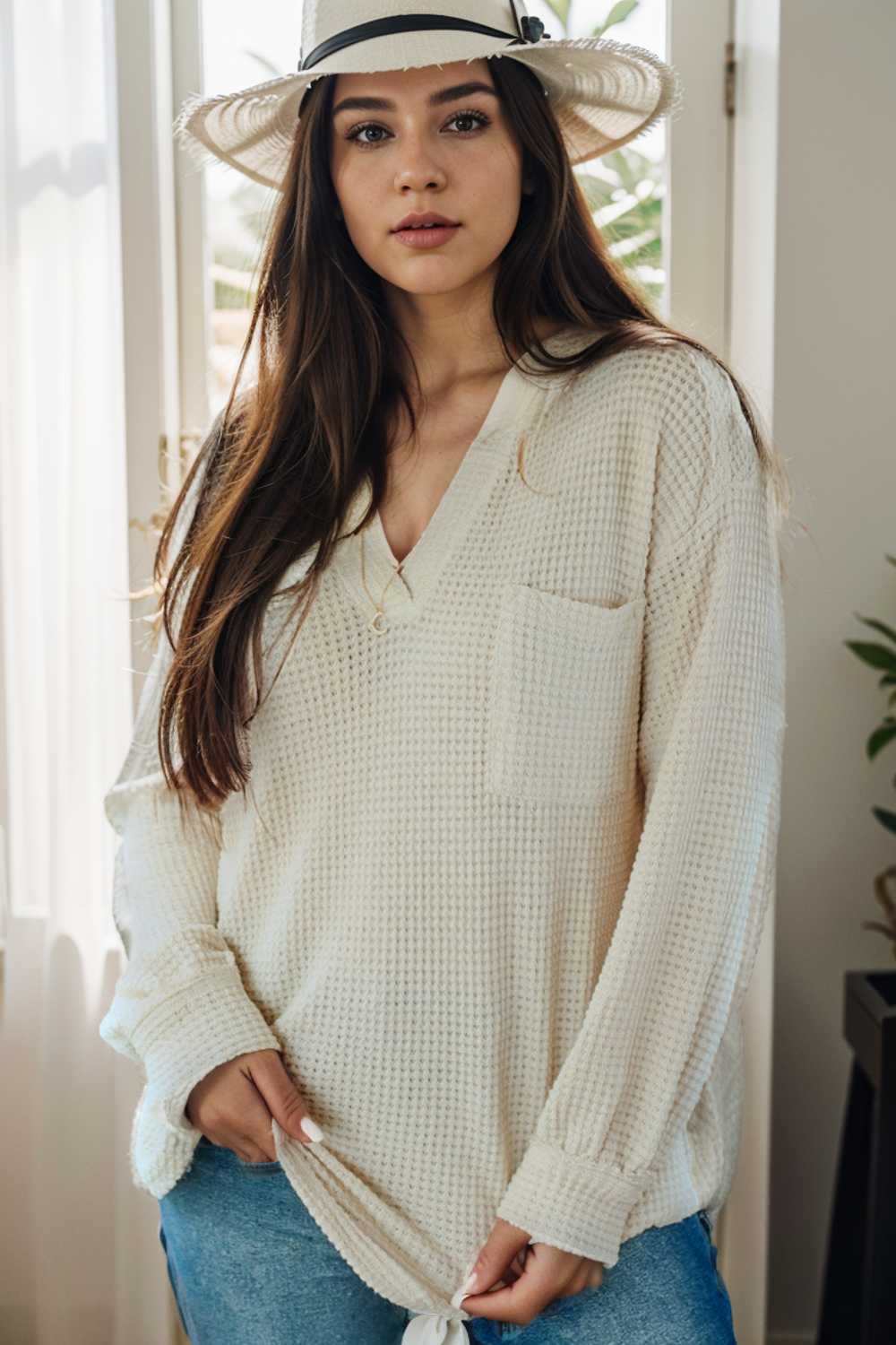 deep v neck long sleeve knitted sweater