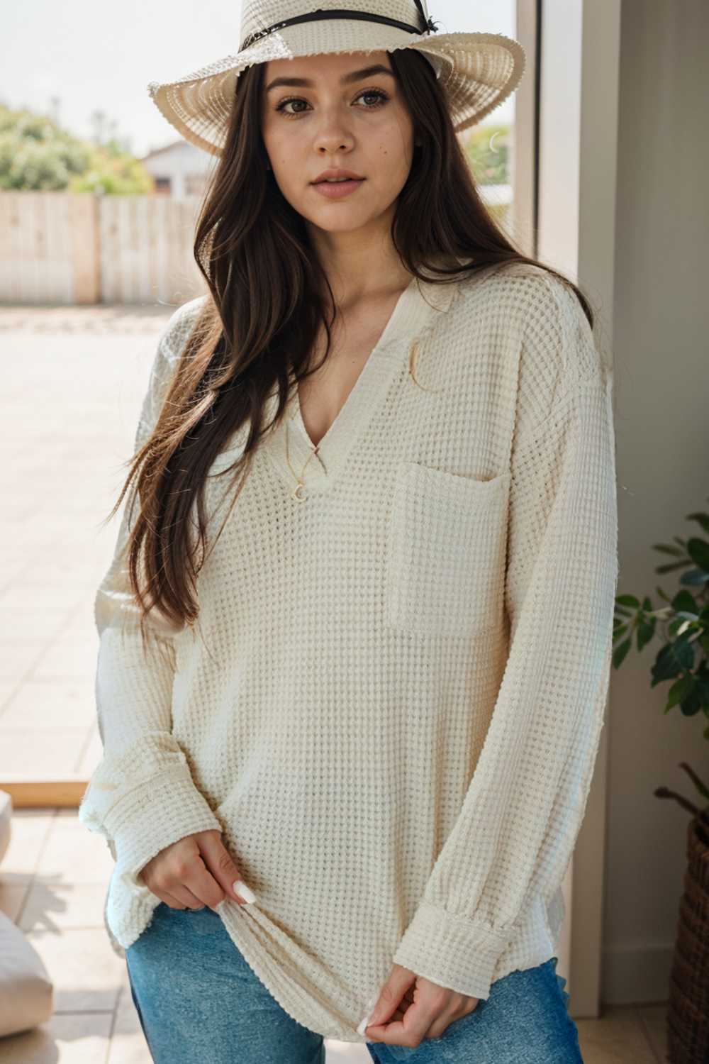 deep v neck long sleeve knitted sweater
