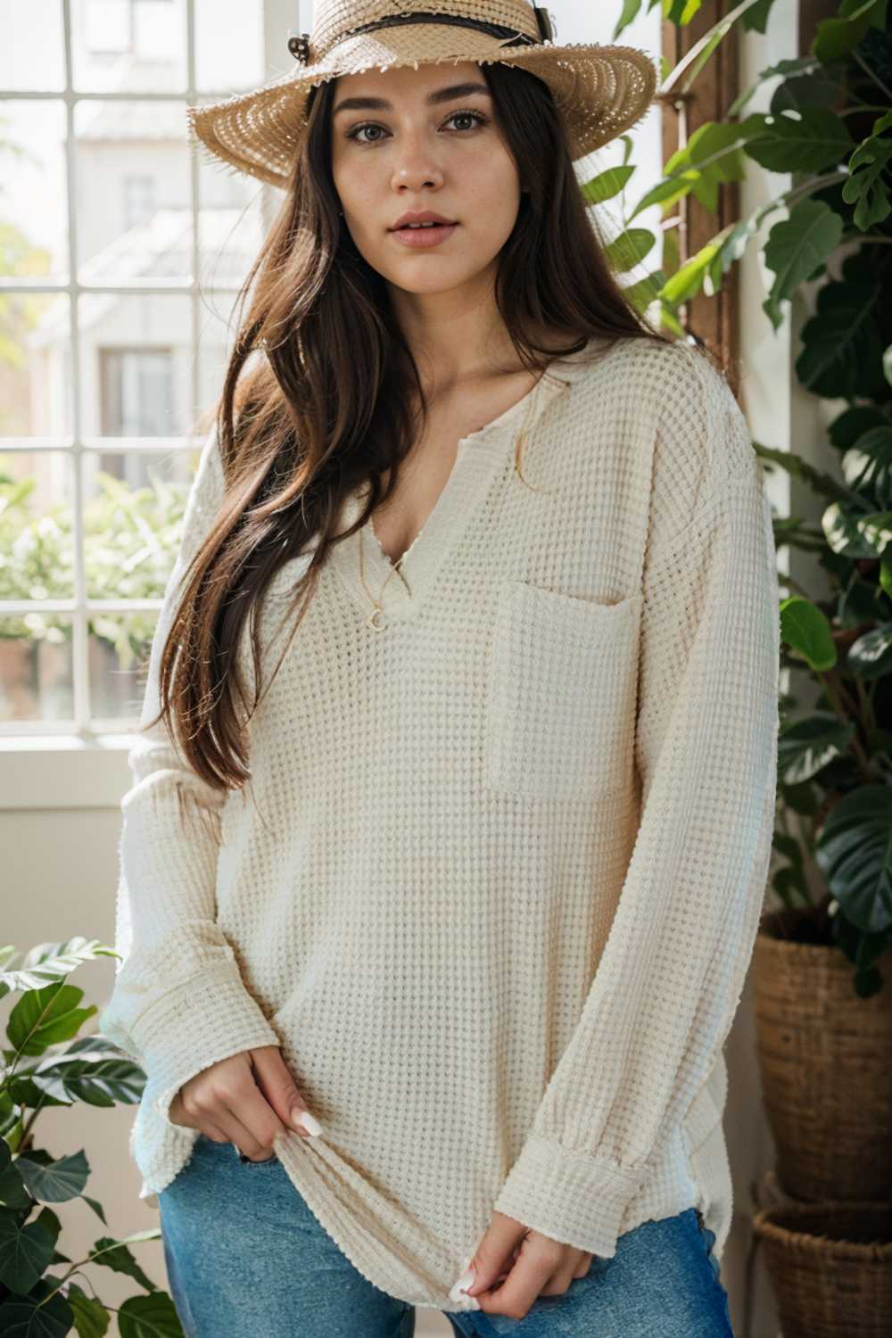 deep v neck long sleeve knitted sweater