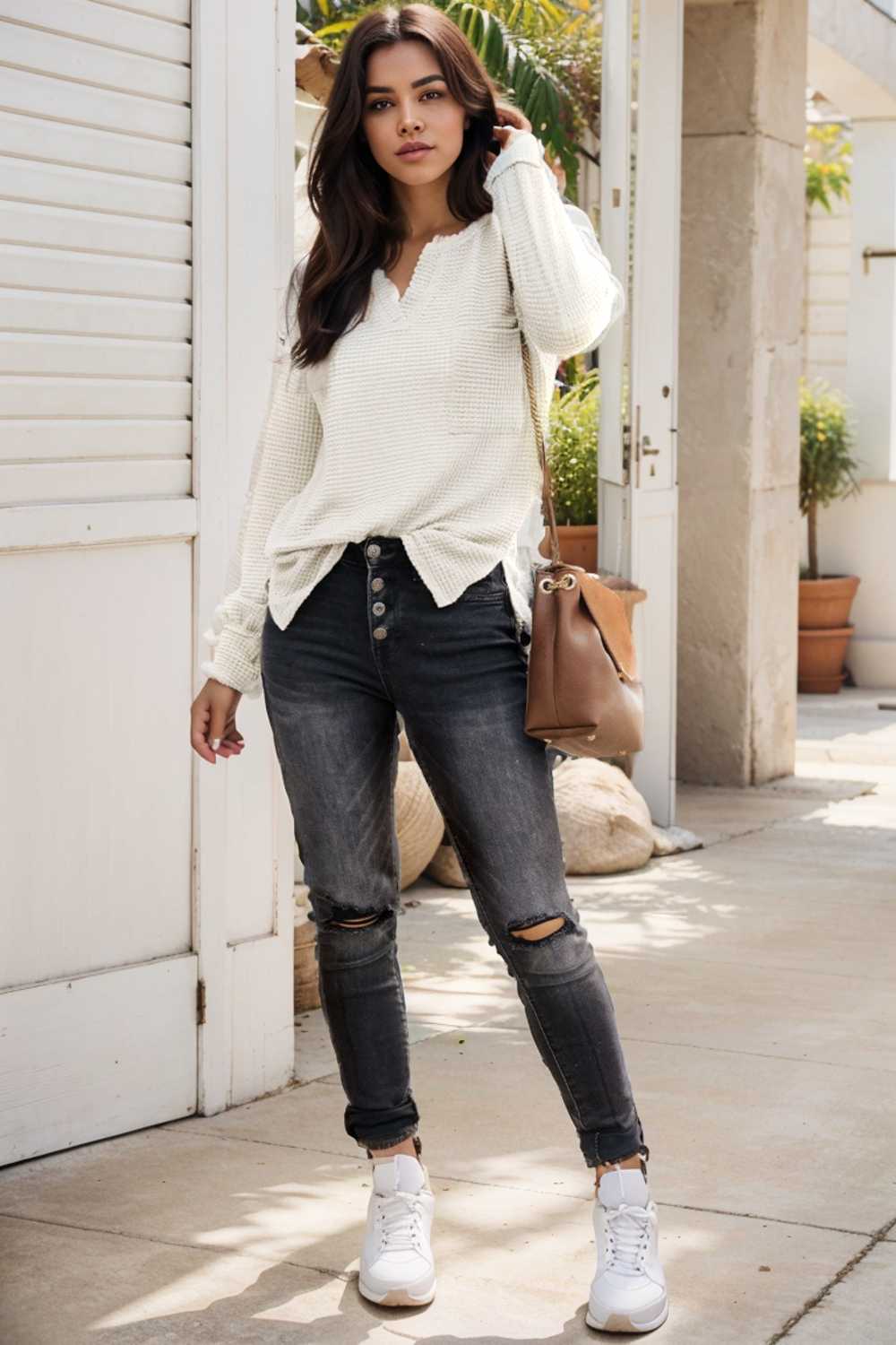deep v neck long sleeve knitted sweater