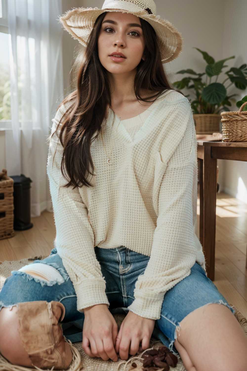 deep v neck long sleeve knitted sweater