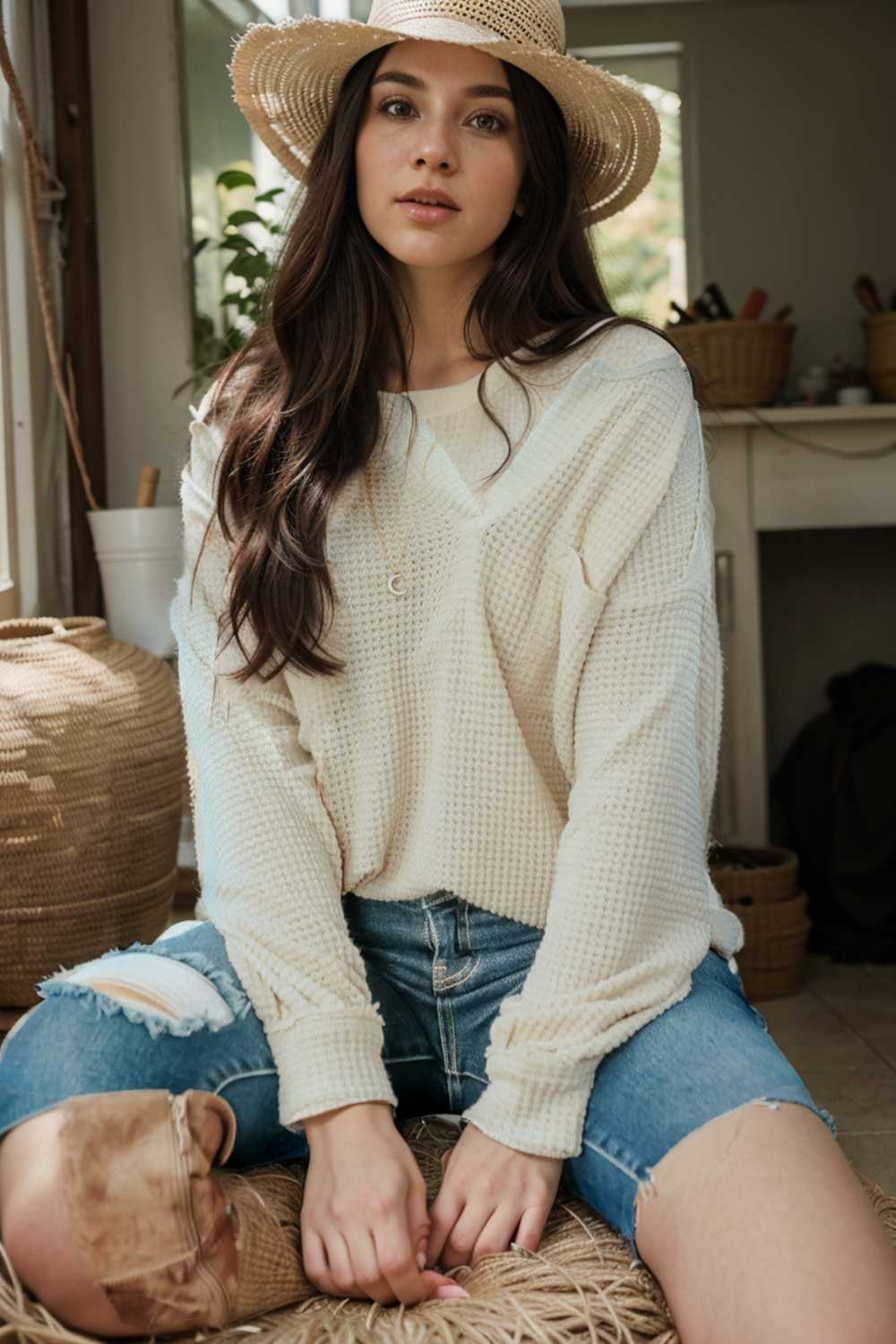 deep v neck long sleeve knitted sweater