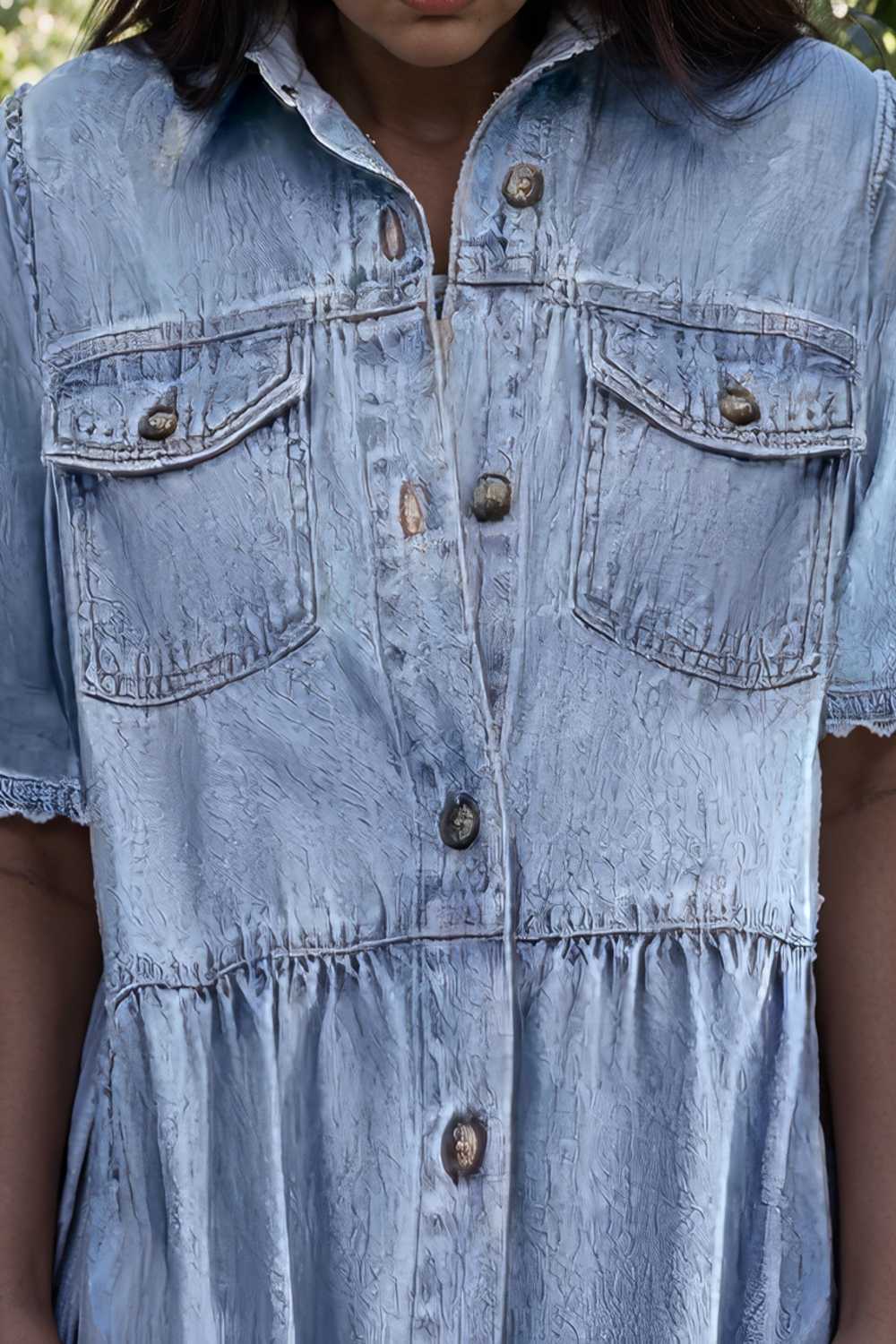 down loose short sleeve denim jean dress drop shoulder a line paneled peasant closed bateau v neck dress