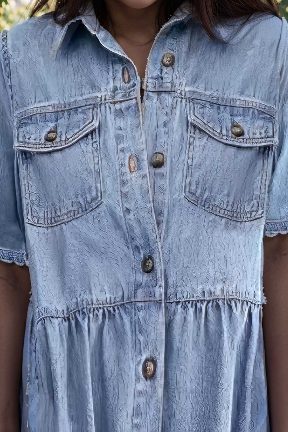 down loose short sleeve denim jean dress drop shoulder a line paneled peasant closed bateau v neck dress