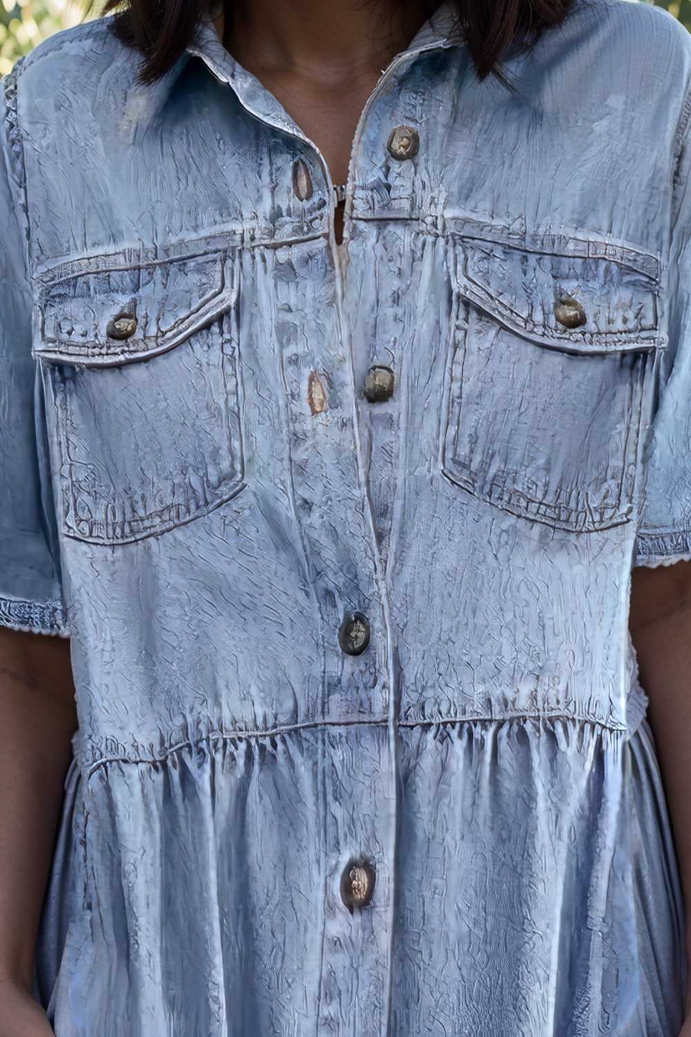 down loose short sleeve denim jean dress drop shoulder a line paneled peasant closed bateau v neck dress
