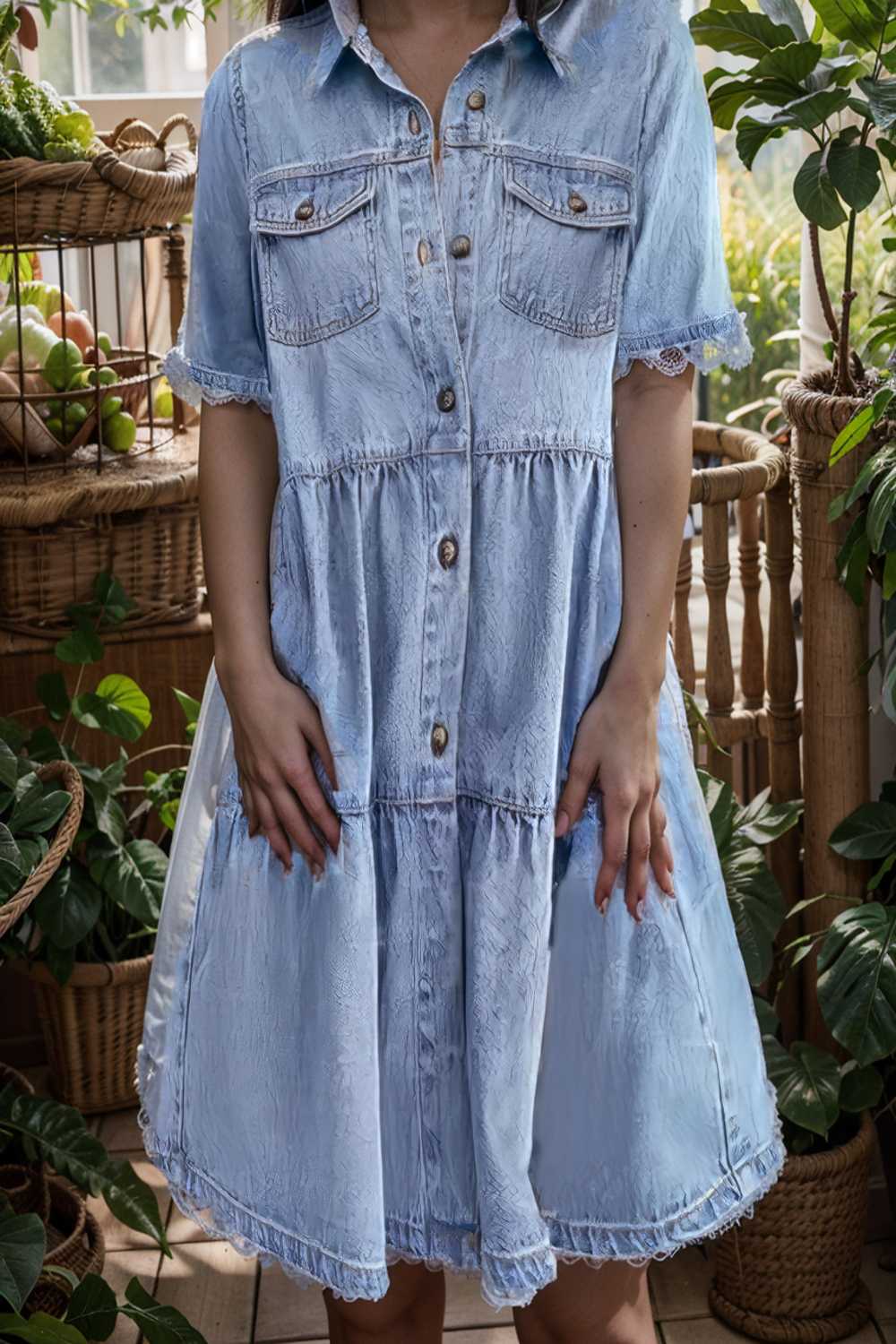 down loose short sleeve denim jean dress drop shoulder a line paneled peasant closed bateau v neck dress