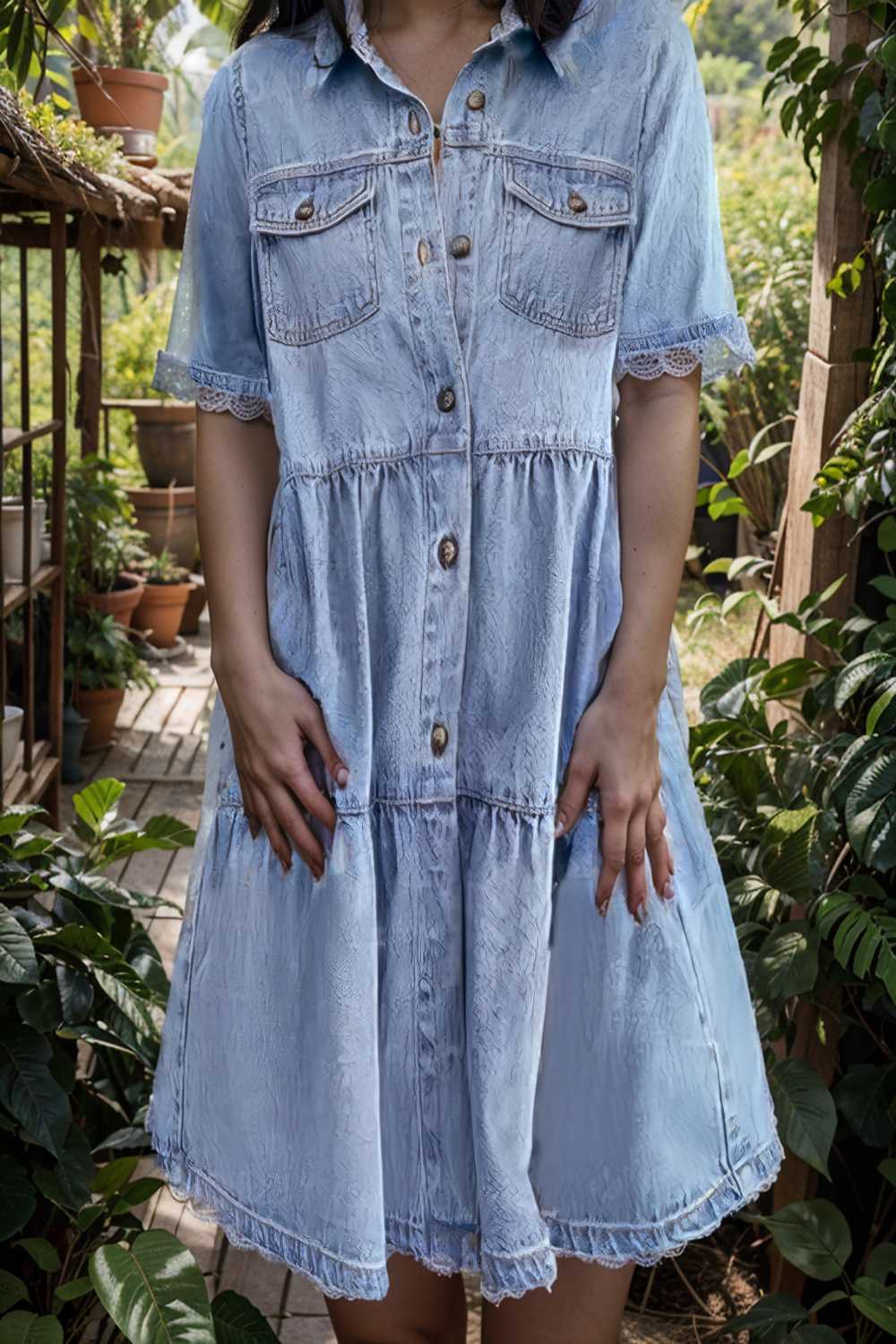 down loose short sleeve denim jean dress drop shoulder a line paneled peasant closed bateau v neck dress