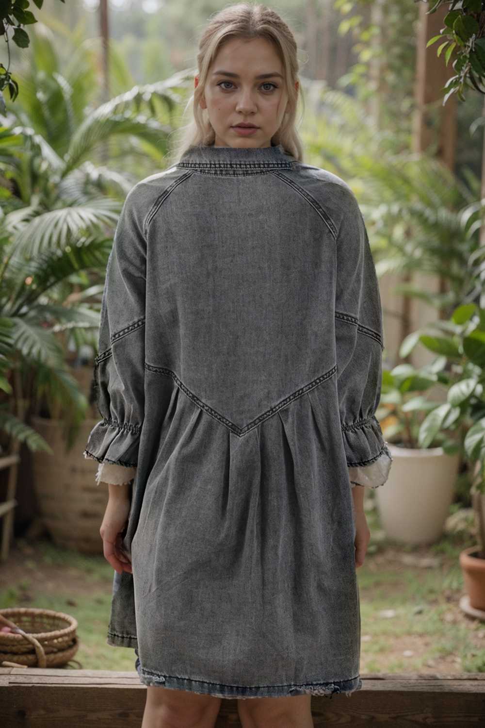 down loose short sleeve denim jean dress drop shoulder a line paneled peasant closed bateau v neck dress