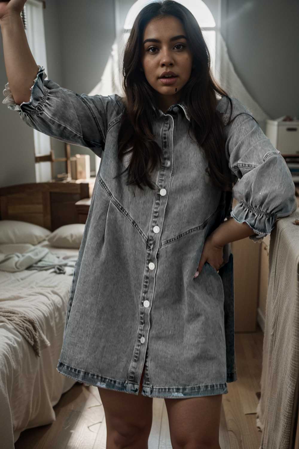 down loose short sleeve denim jean dress drop shoulder a line paneled peasant closed bateau v neck dress