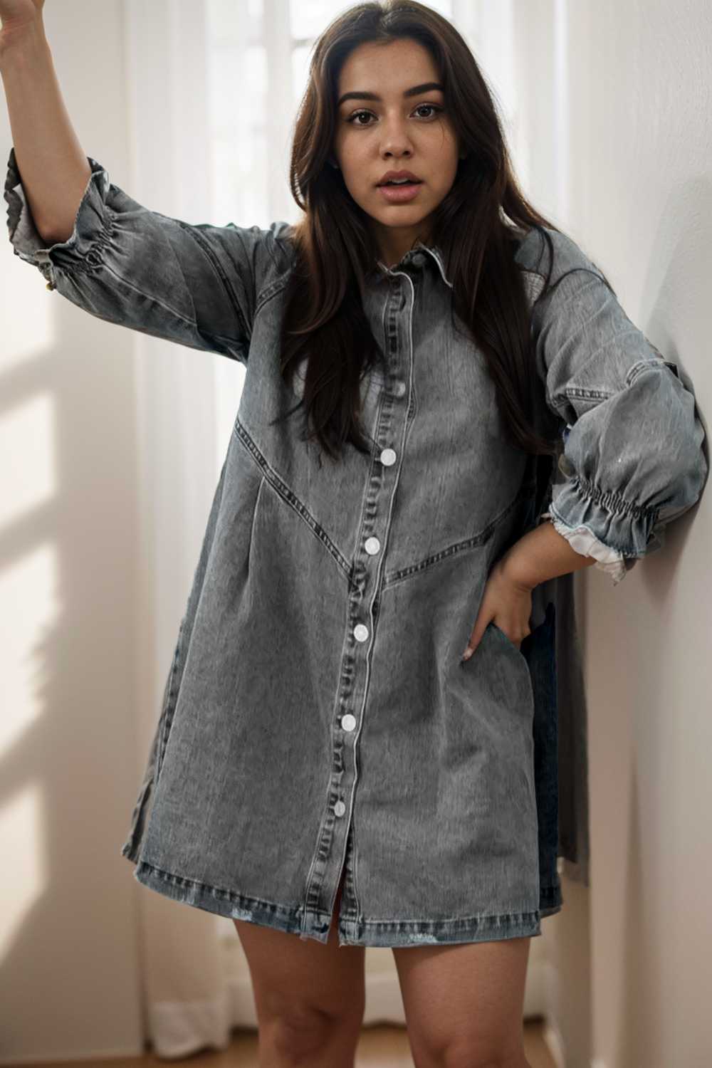 down loose short sleeve denim jean dress drop shoulder a line paneled peasant closed bateau v neck dress