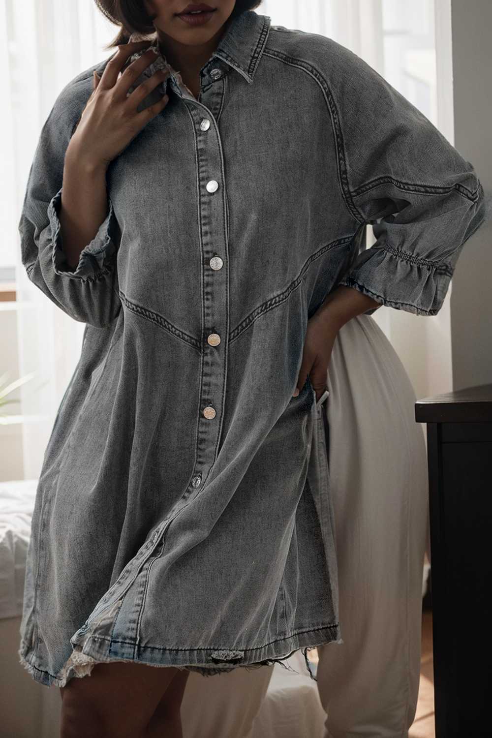 down loose short sleeve denim jean dress drop shoulder a line paneled peasant closed bateau v neck dress