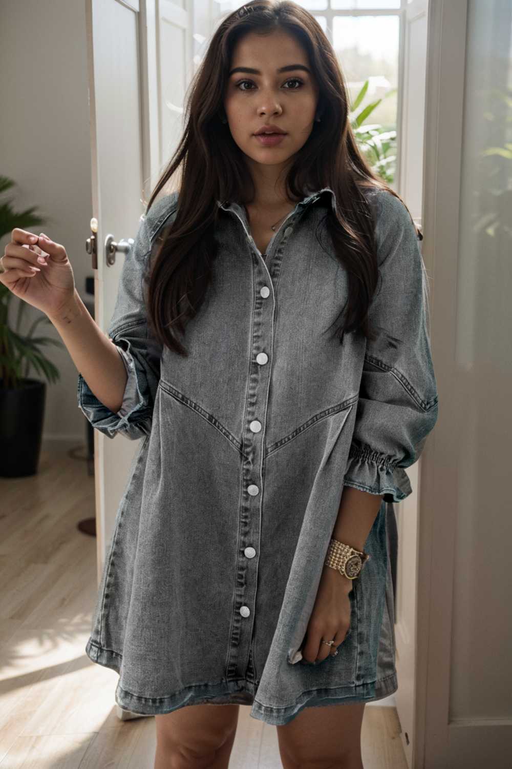 down loose short sleeve denim jean dress drop shoulder a line paneled peasant closed bateau v neck dress