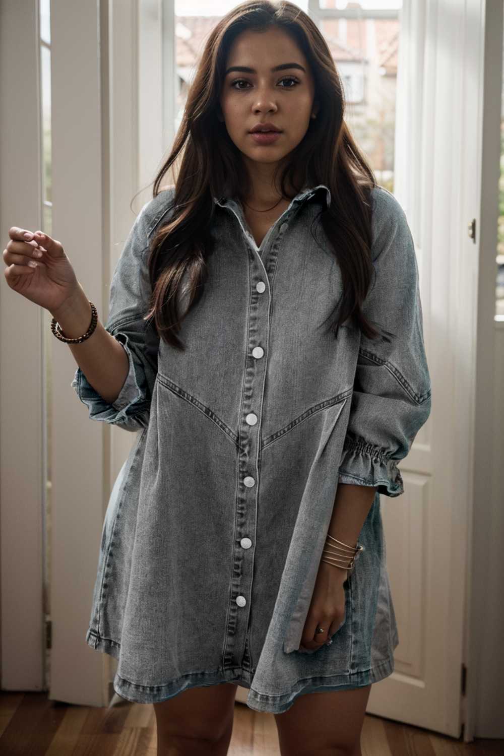 down loose short sleeve denim jean dress drop shoulder a line paneled peasant closed bateau v neck dress