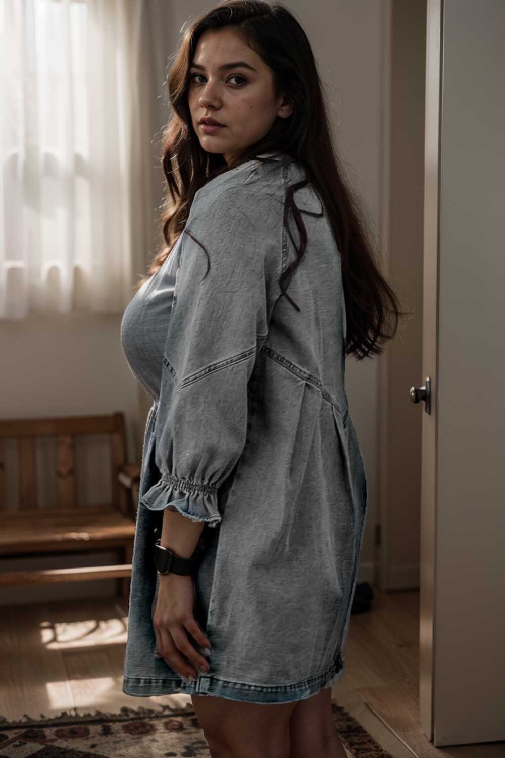 down loose short sleeve denim jean dress drop shoulder a line paneled peasant closed bateau v neck dress