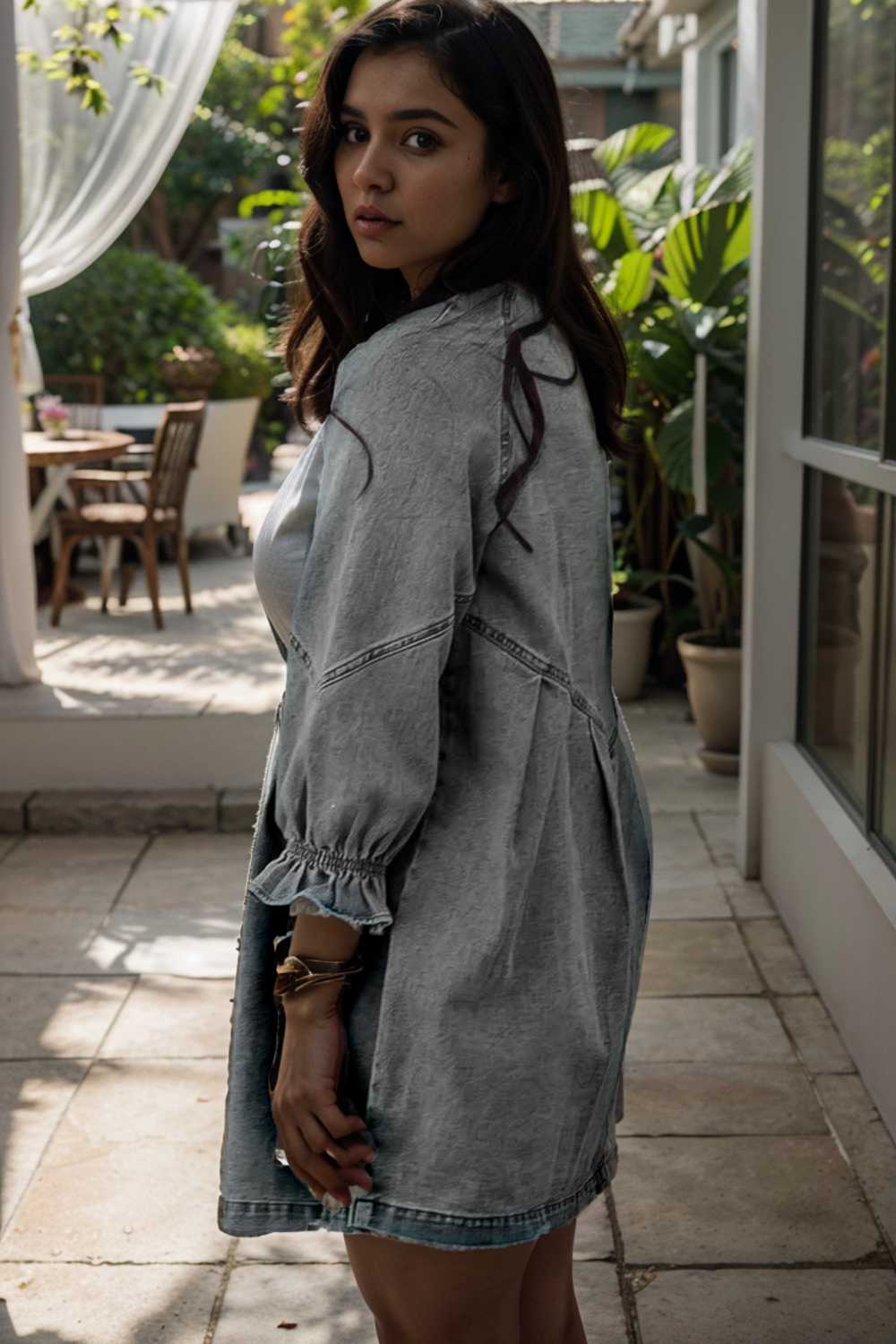 down loose short sleeve denim jean dress drop shoulder a line paneled peasant closed bateau v neck dress