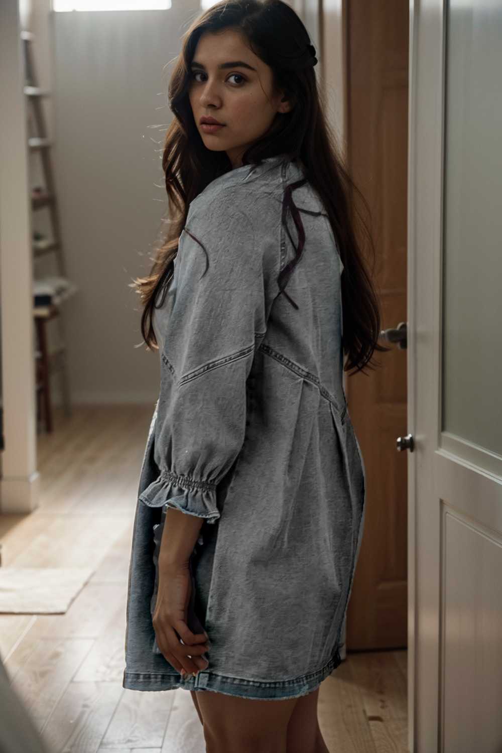 down loose short sleeve denim jean dress drop shoulder a line paneled peasant closed bateau v neck dress