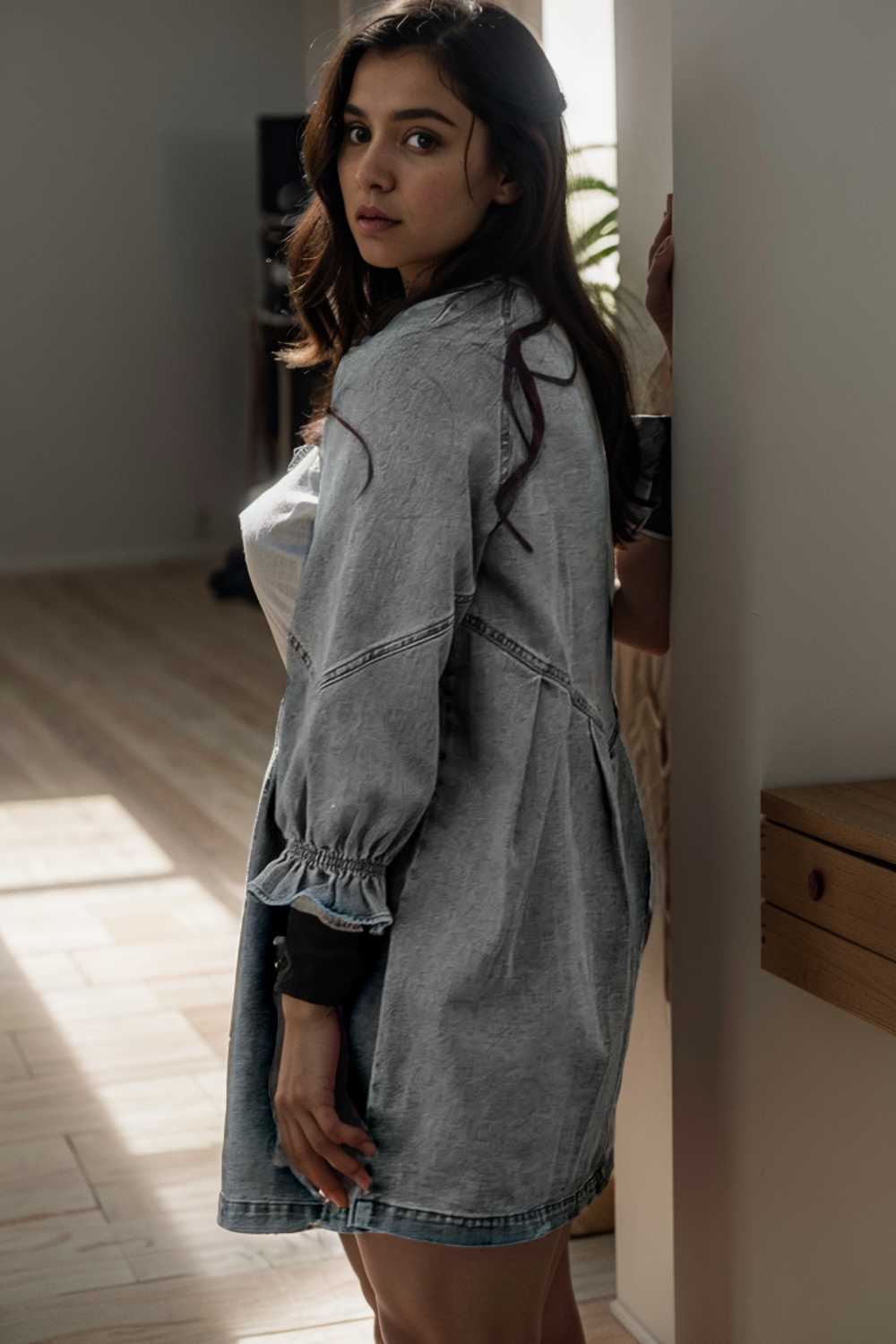 down loose short sleeve denim jean dress drop shoulder a line paneled peasant closed bateau v neck dress