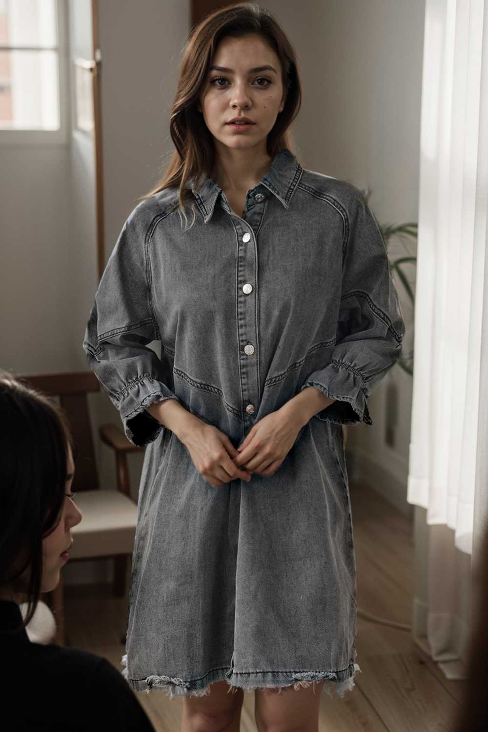 down loose short sleeve denim jean dress drop shoulder a line paneled peasant closed bateau v neck dress
