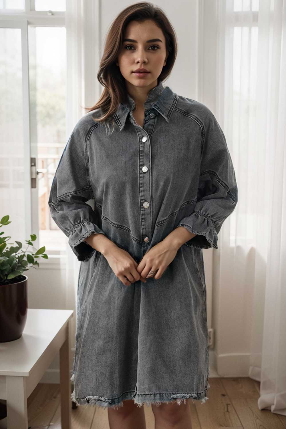 down loose short sleeve denim jean dress drop shoulder a line paneled peasant closed bateau v neck dress