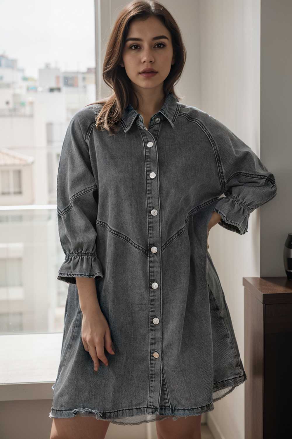 down loose short sleeve denim jean dress drop shoulder a line paneled peasant closed bateau v neck dress