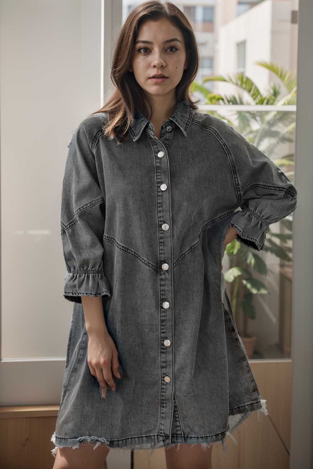 down loose short sleeve denim jean dress drop shoulder a line paneled peasant closed bateau v neck dress