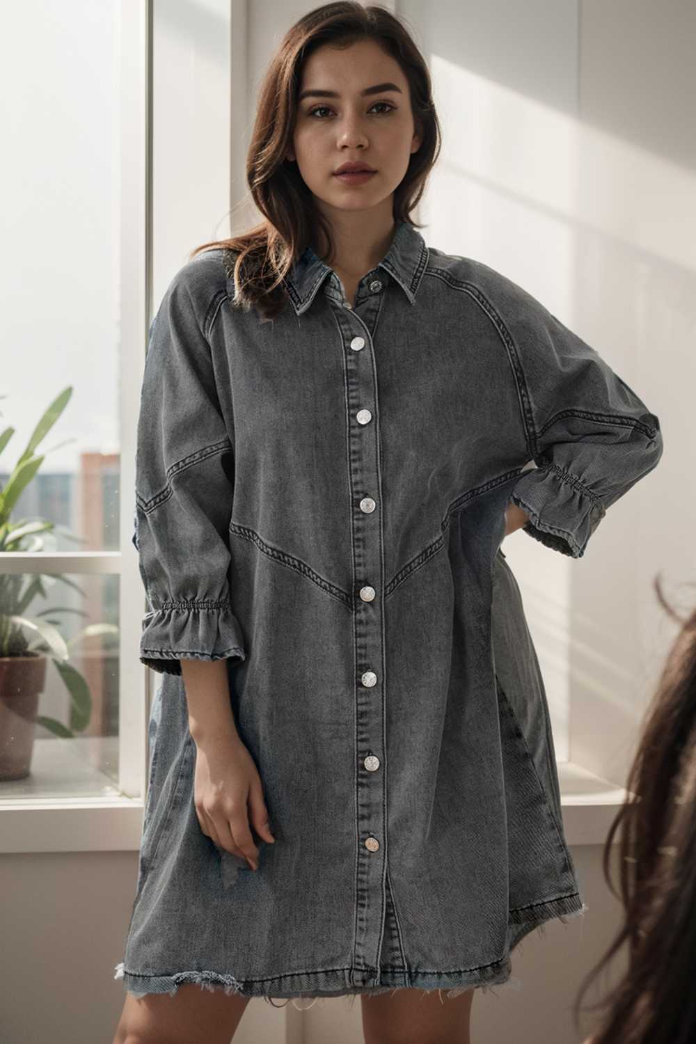 down loose short sleeve denim jean dress drop shoulder a line paneled peasant closed bateau v neck dress