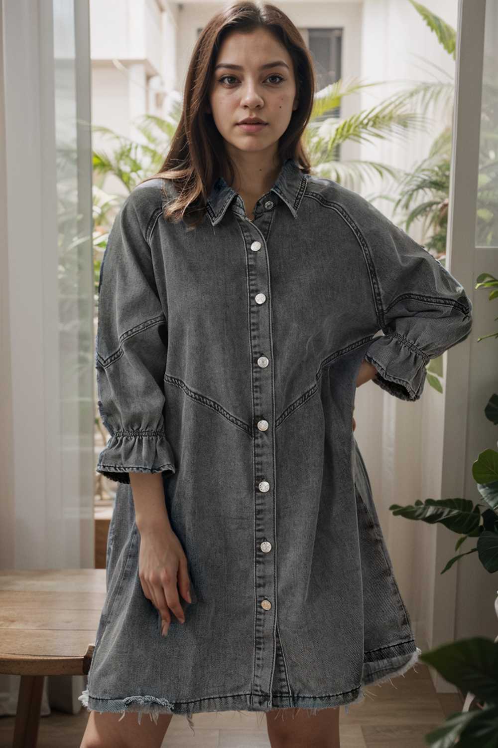 down loose short sleeve denim jean dress drop shoulder a line paneled peasant closed bateau v neck dress