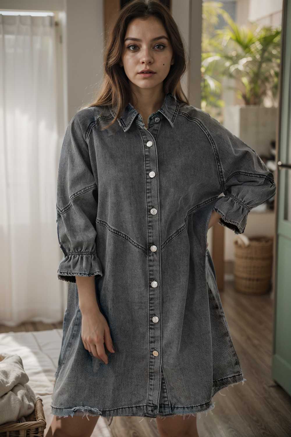 down loose short sleeve denim jean dress drop shoulder a line paneled peasant closed bateau v neck dress