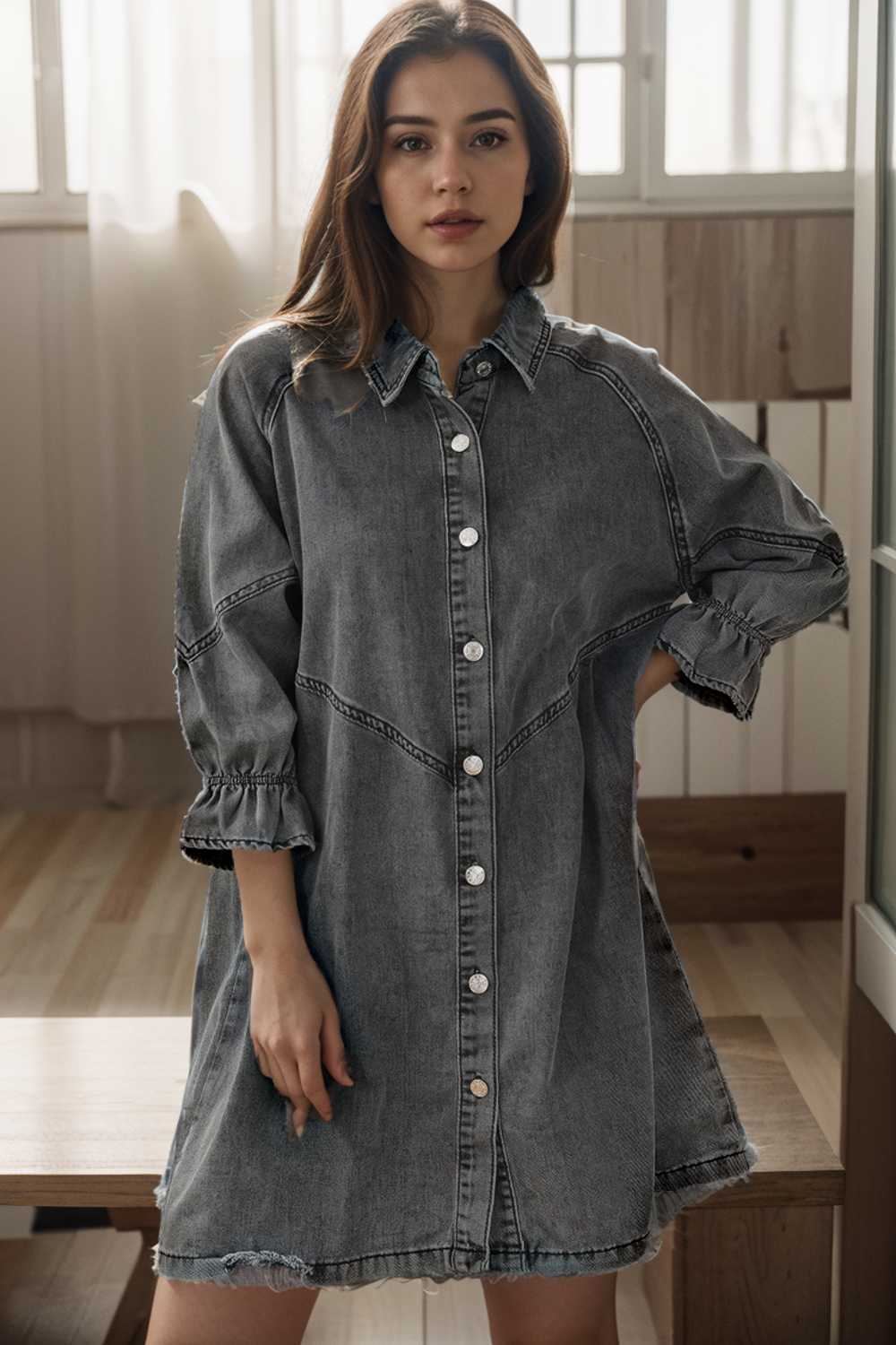 down loose short sleeve denim jean dress drop shoulder a line paneled peasant closed bateau v neck dress