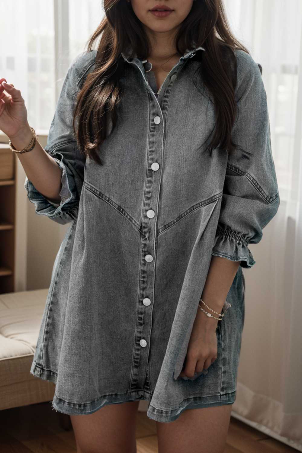 down loose short sleeve denim jean dress drop shoulder a line paneled peasant closed bateau v neck dress