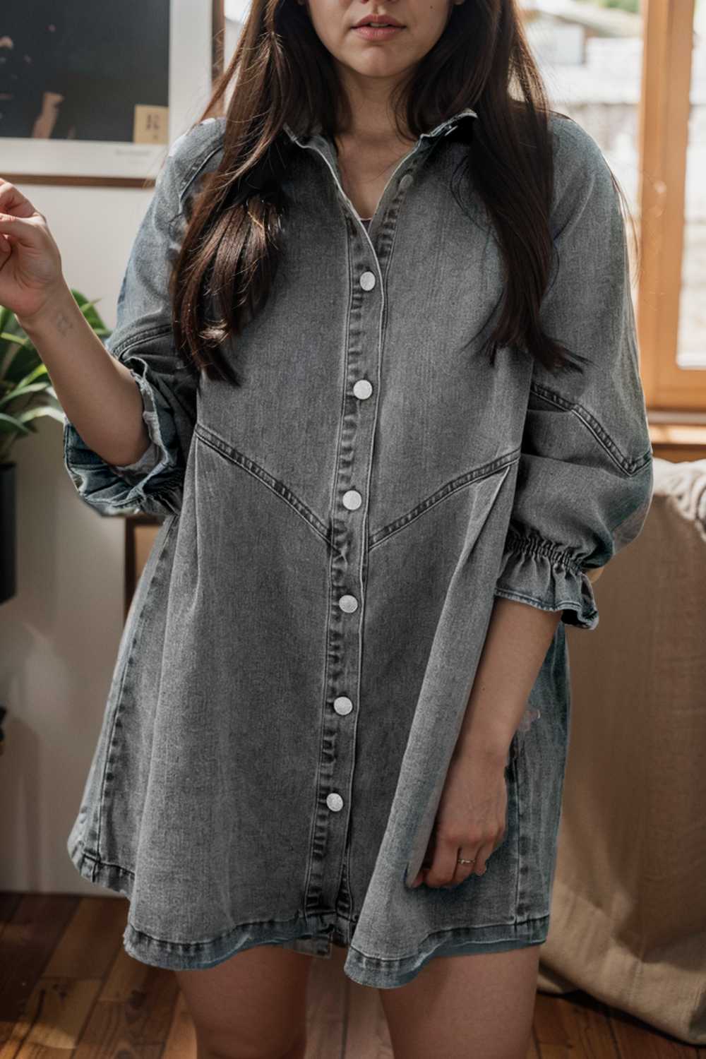 down loose short sleeve denim jean dress drop shoulder a line paneled peasant closed bateau v neck dress