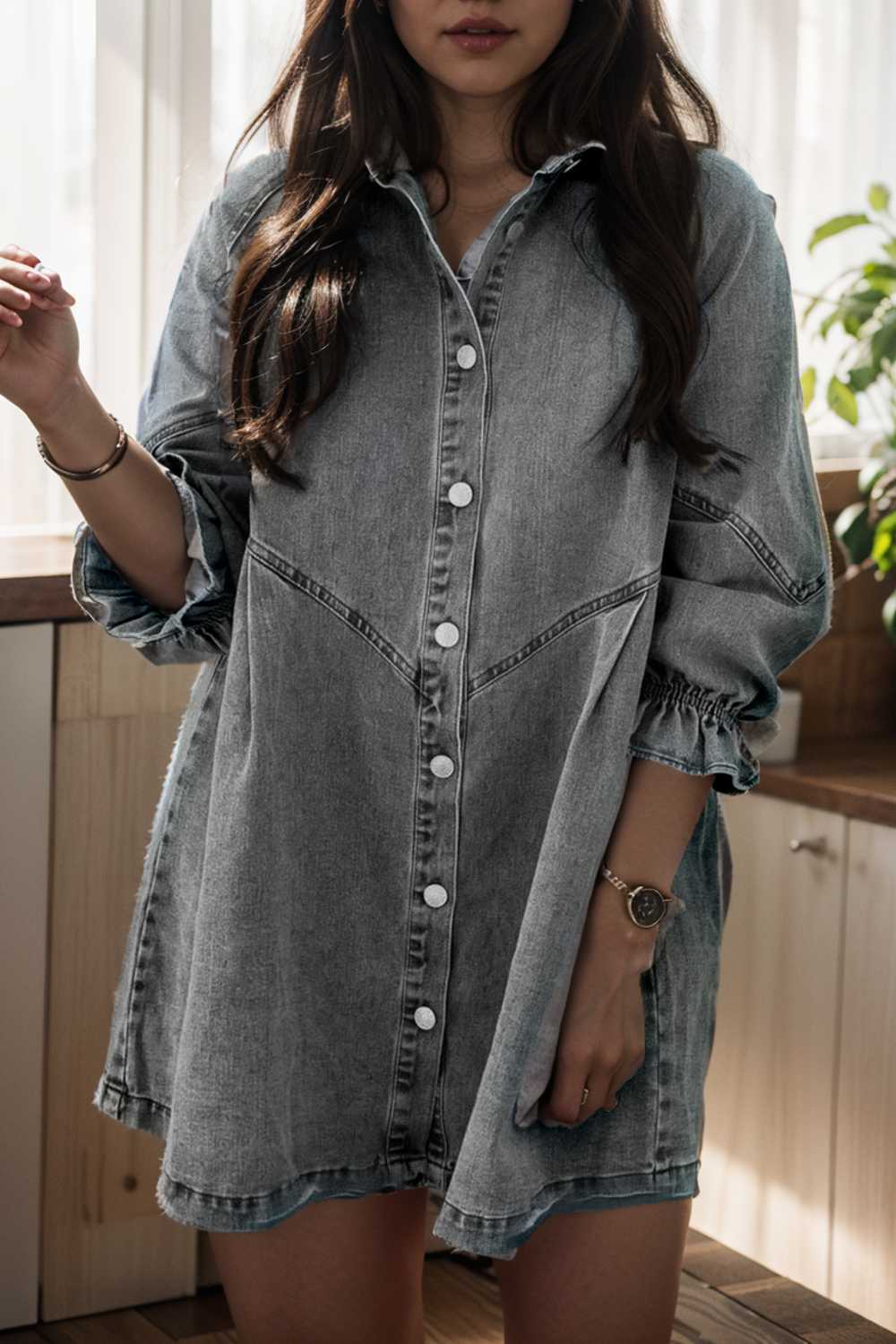down loose short sleeve denim jean dress drop shoulder a line paneled peasant closed bateau v neck dress