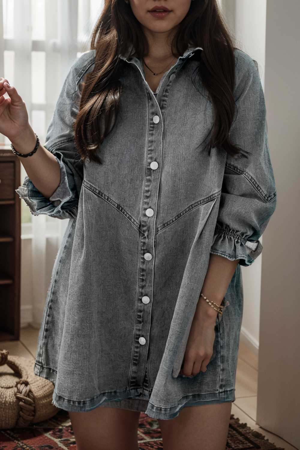 down loose short sleeve denim jean dress drop shoulder a line paneled peasant closed bateau v neck dress