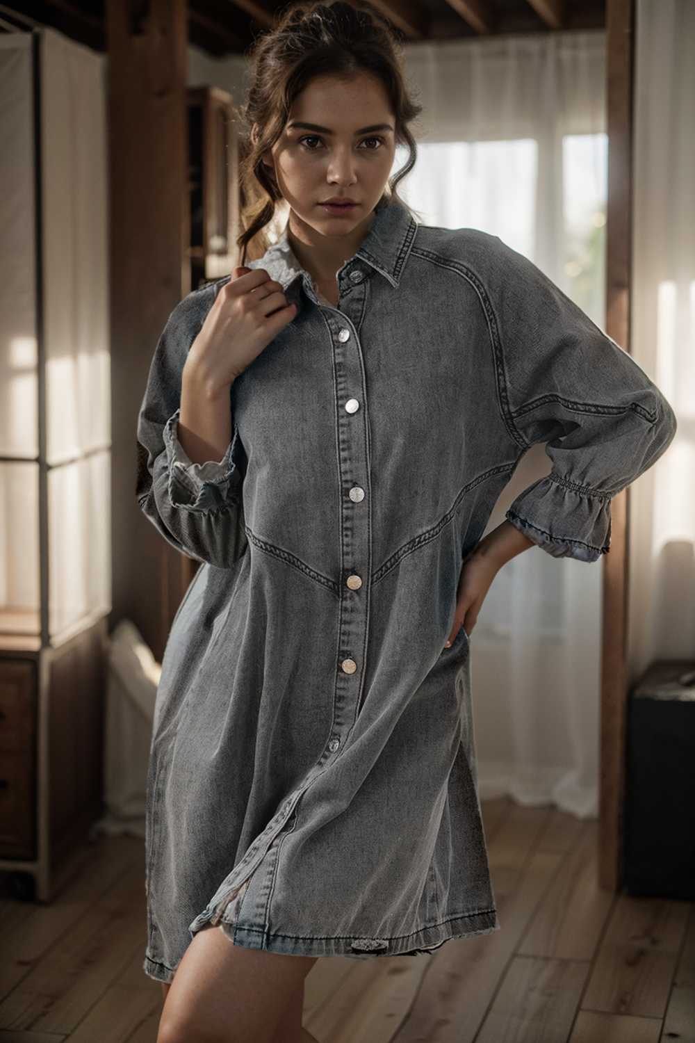 down loose short sleeve denim jean dress drop shoulder a line paneled peasant closed bateau v neck dress