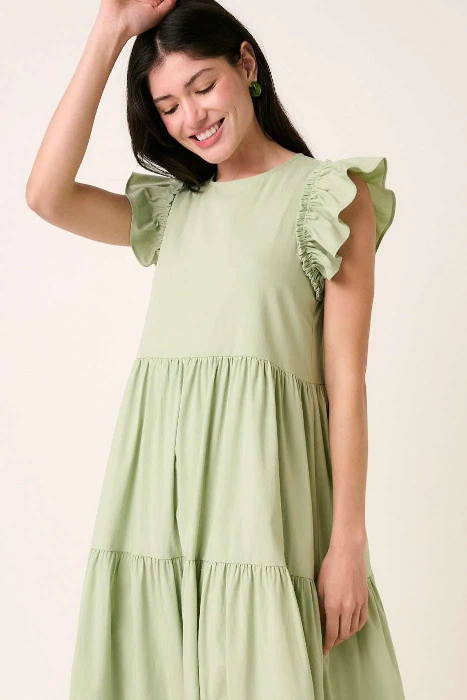 Evermore Sage Ruffle Short Sleeve Tiered Maxi Dress