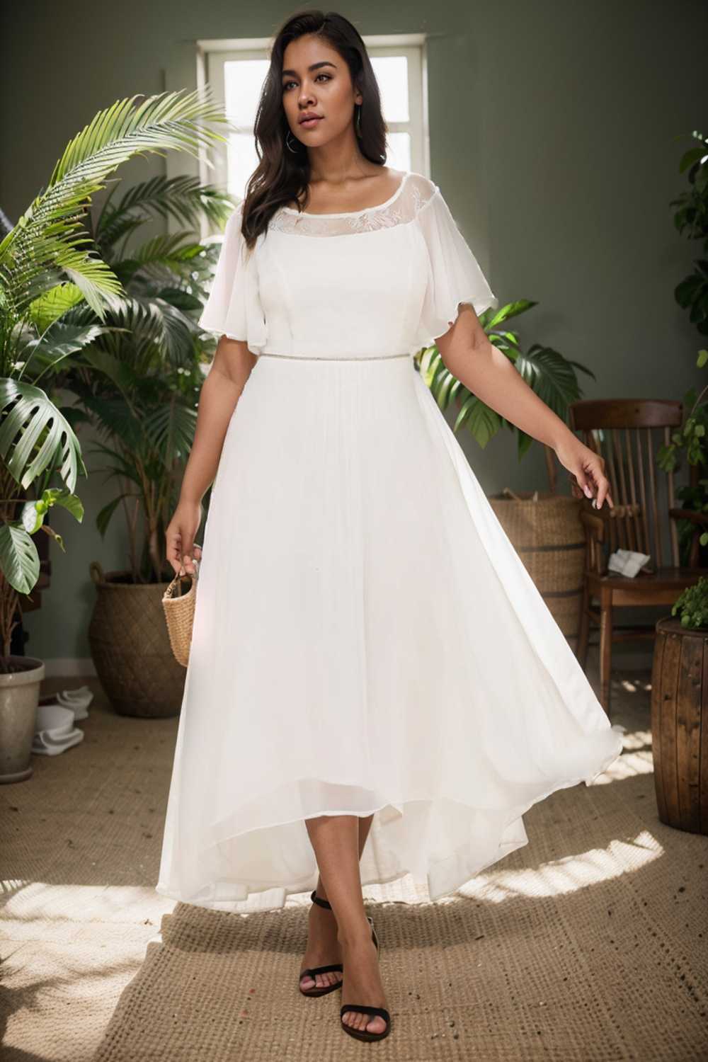 elegant boat neck a line midi dress for plus size women