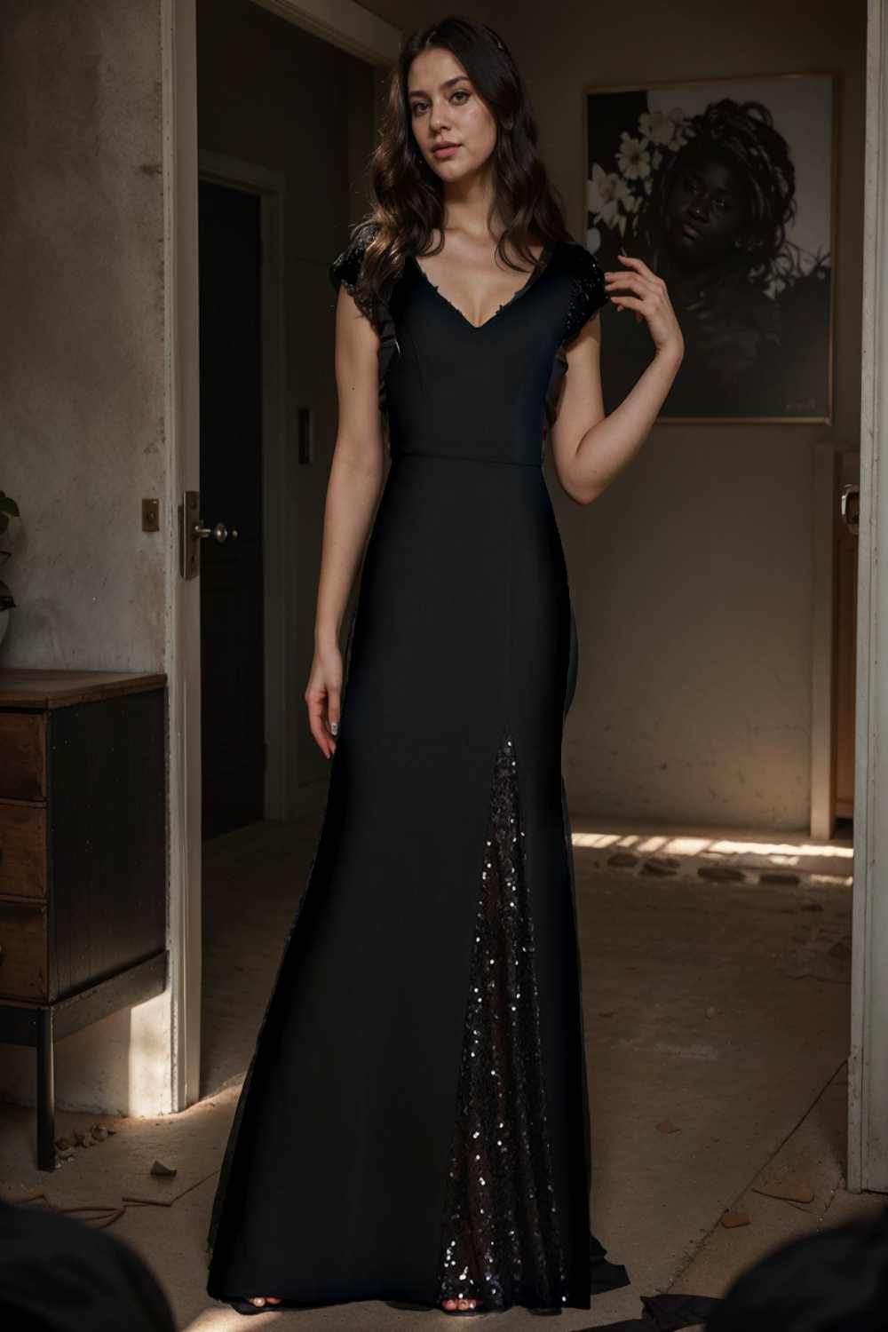 elegant sleeveless deep v neck fishtail evening gown