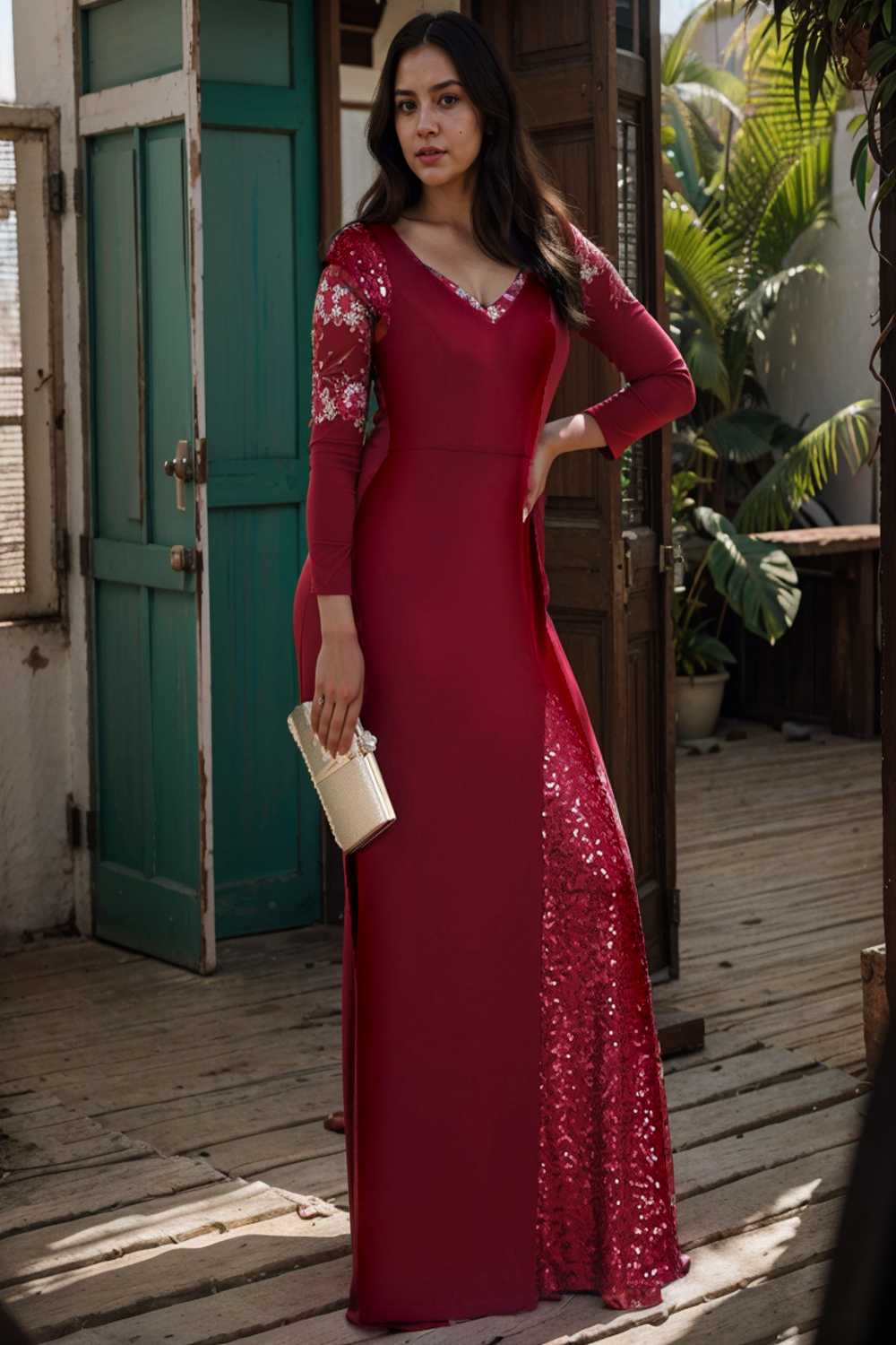 elegant sleeveless deep v neck fishtail evening gown
