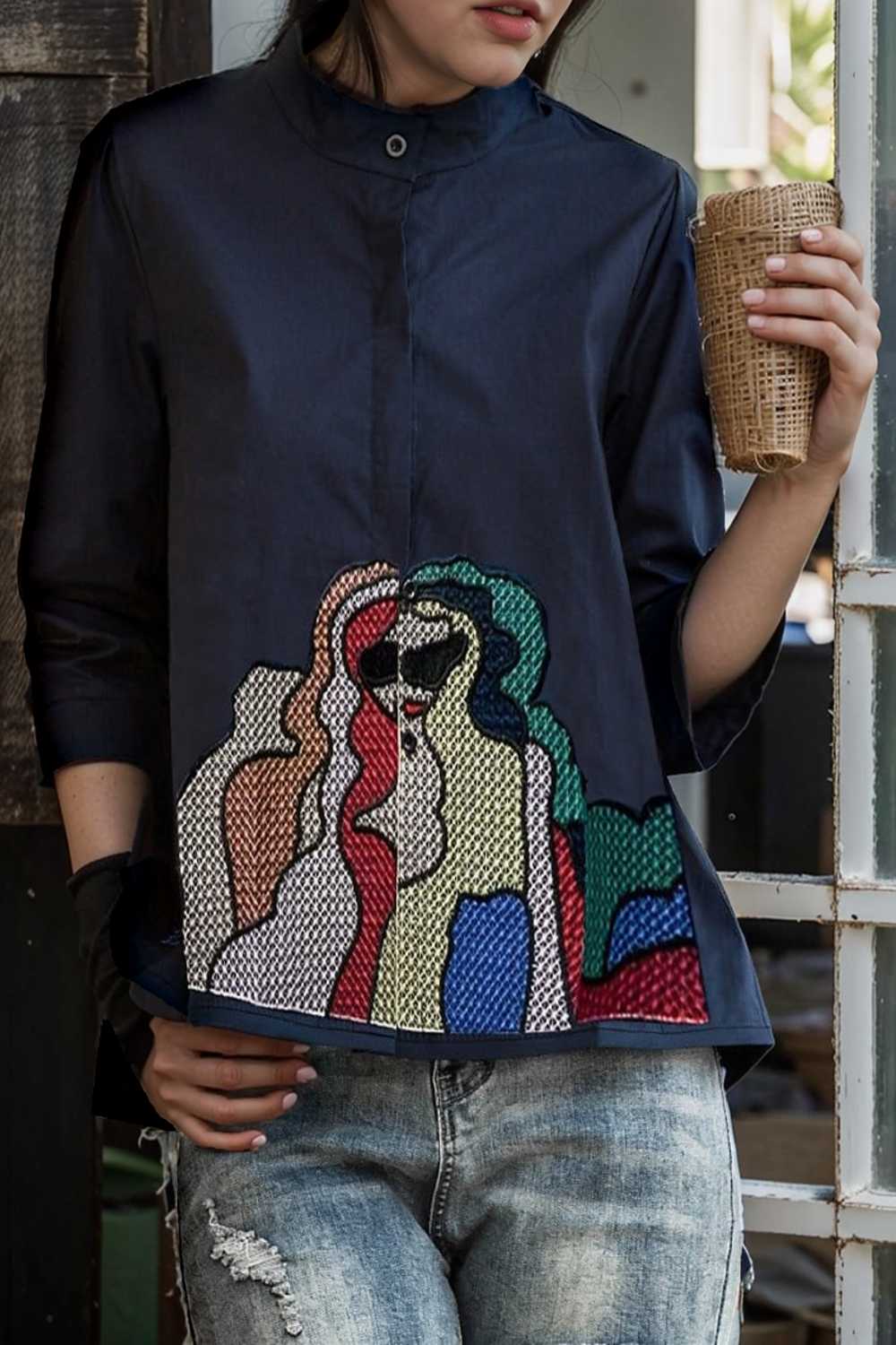 embroidered button mid sleeve casual blouse