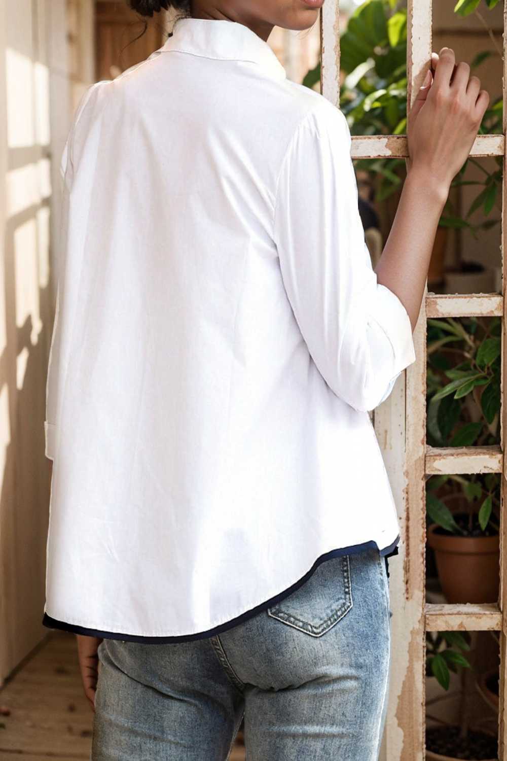 embroidered button mid sleeve casual blouse