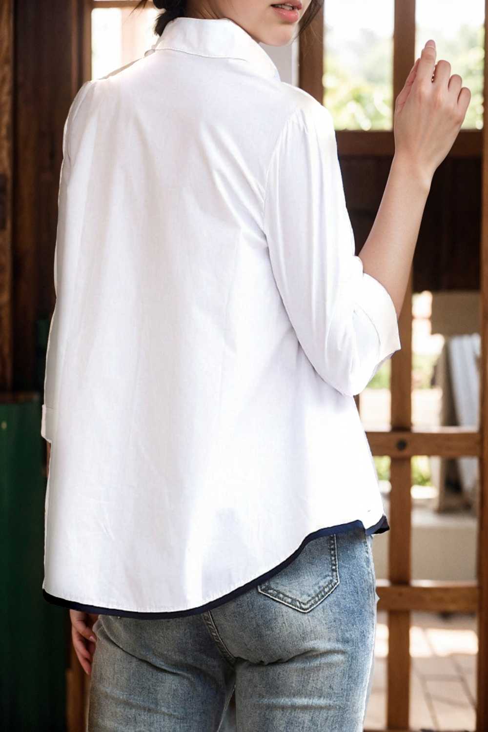 embroidered button mid sleeve casual blouse