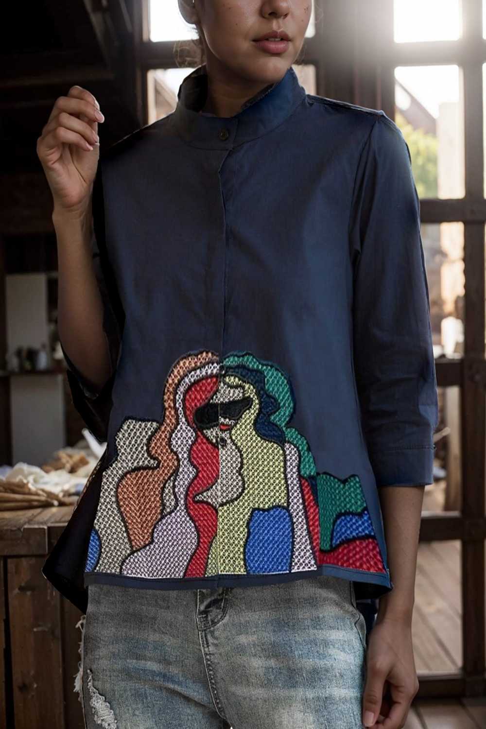 embroidered button mid sleeve casual blouse