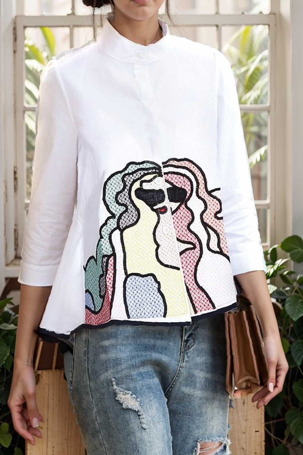 embroidered button mid sleeve casual blouse