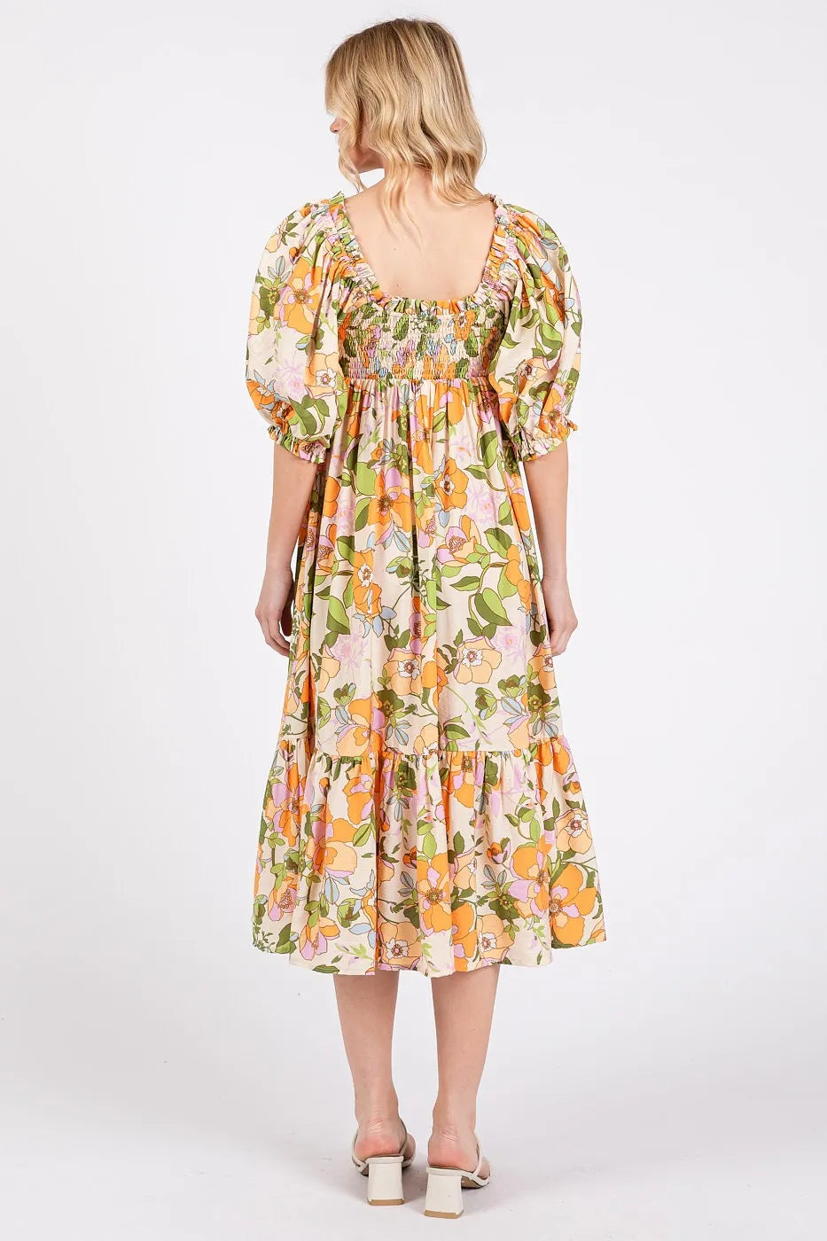 Petal Blossom Flower Print Puff Sleeve Ruffle Smocked Midi Dress