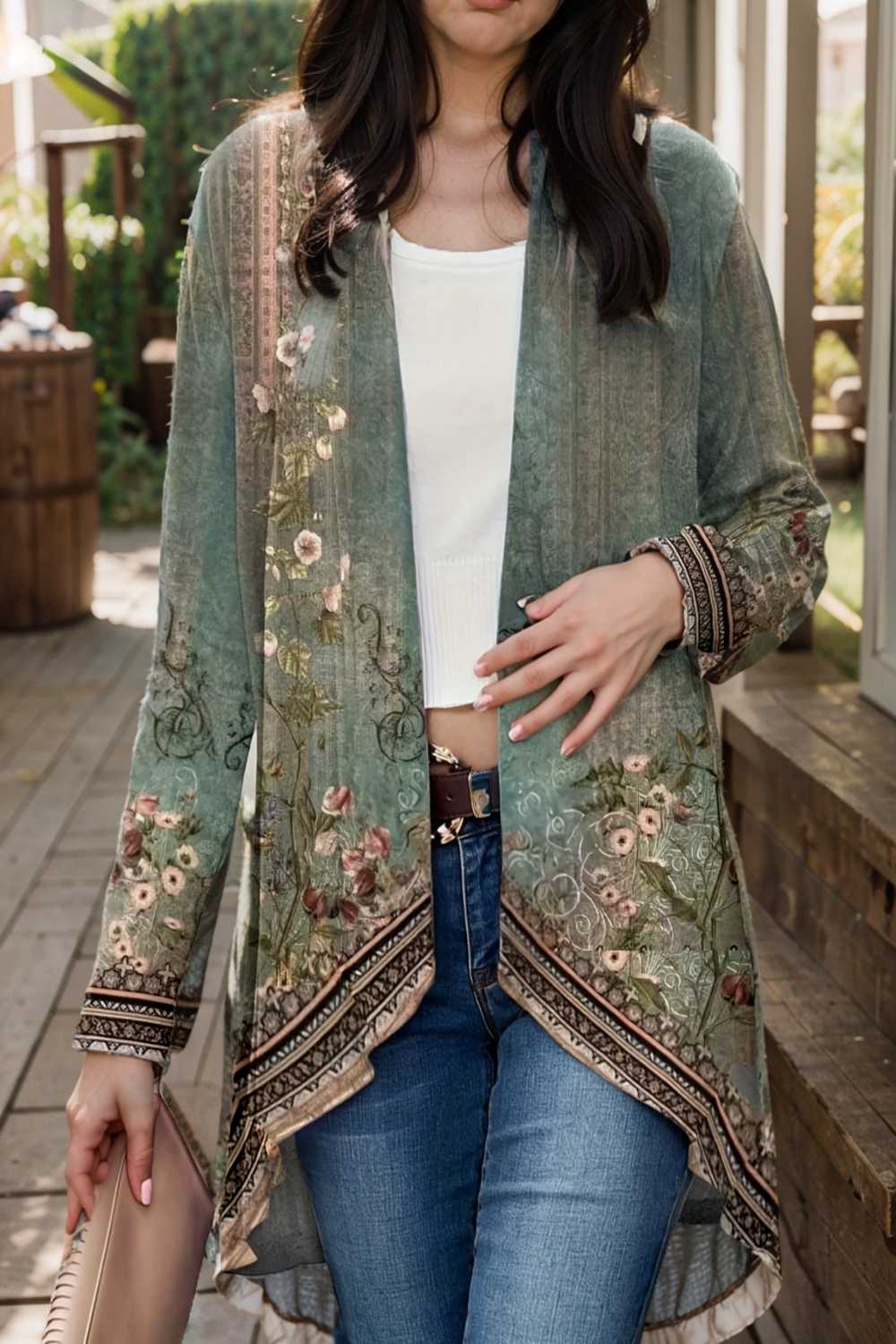 floral print dipped hem open front long sleeve casual cardigan