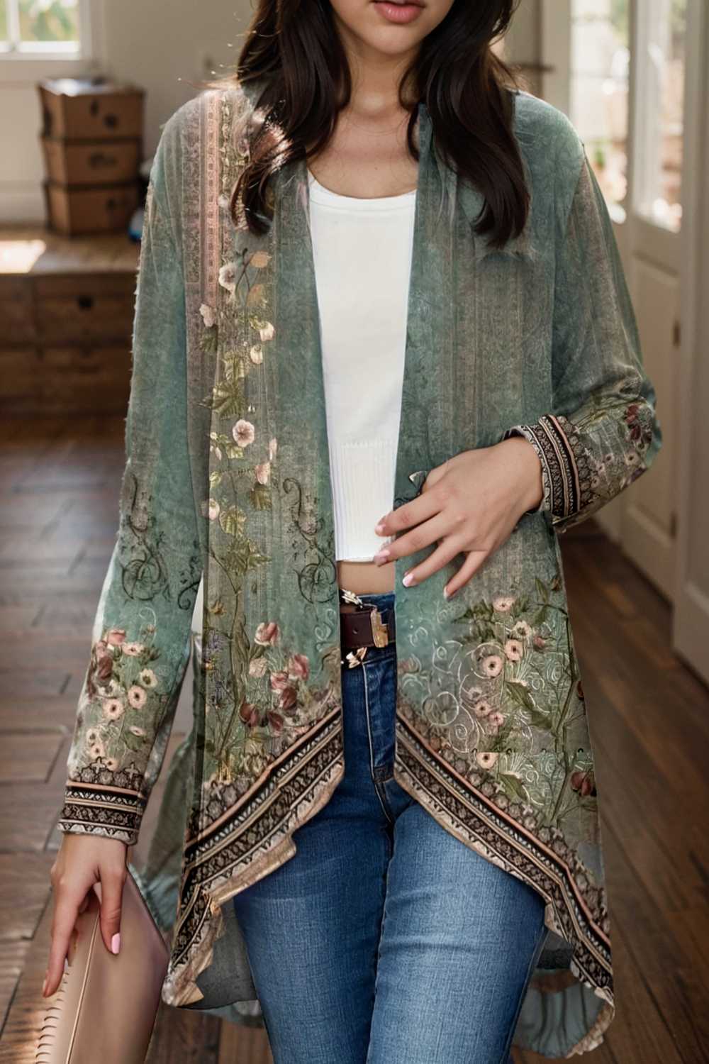 floral print dipped hem open front long sleeve casual cardigan