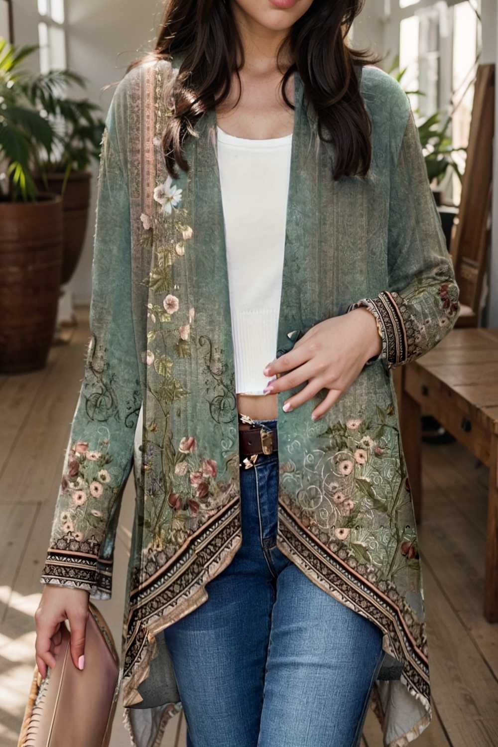floral print dipped hem open front long sleeve casual cardigan