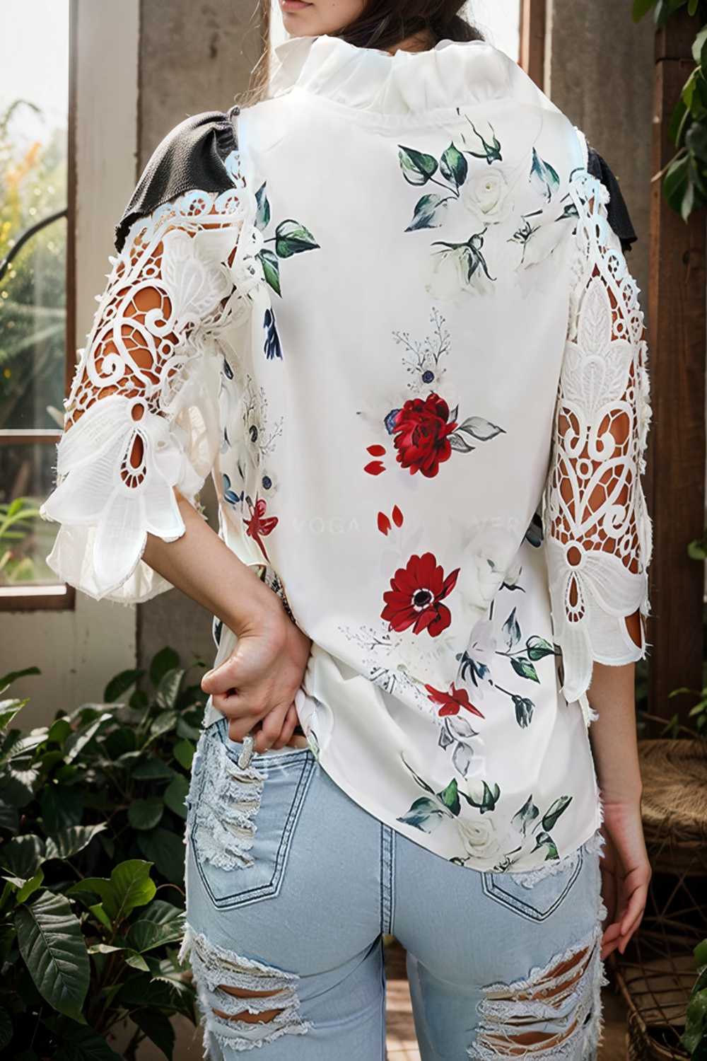 floral print off shoulder lace stitching long sleeves blouses